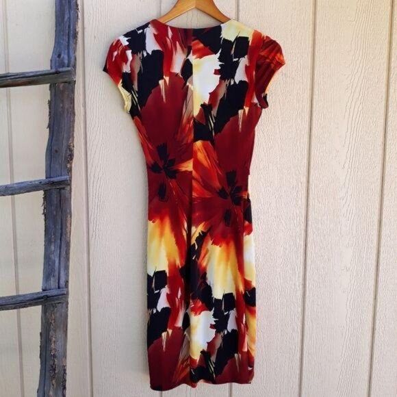 Vtg Cache Fiery Tropical Floral Mock Wrap Dress Stretch Bodycon Cap Sleeve Sz M - Picture 2 of 9